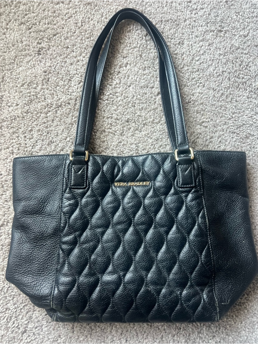 Vera Bradley Black Quilted Leather Tote with Gold Logo